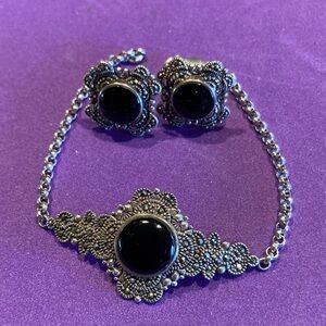 Silver and Marcasite Onyx bracelet and earrings set